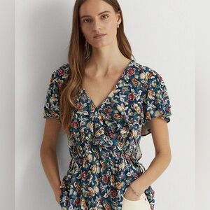 Lauren Ralph Lauren Women's Floral Jersey Surplice Top XL blue/red $125.